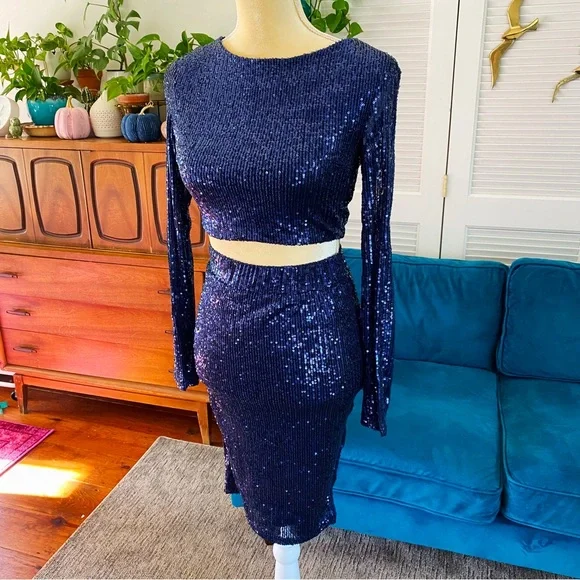 Salty Sophia Sequin 2 Piece Matching Dress Set Midnight Navy Blue NYE New Medium - Picture 6 of 13